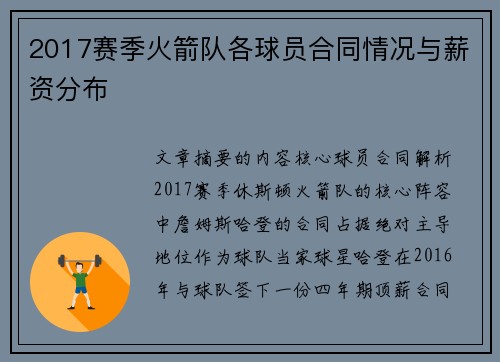 2017赛季火箭队各球员合同情况与薪资分布